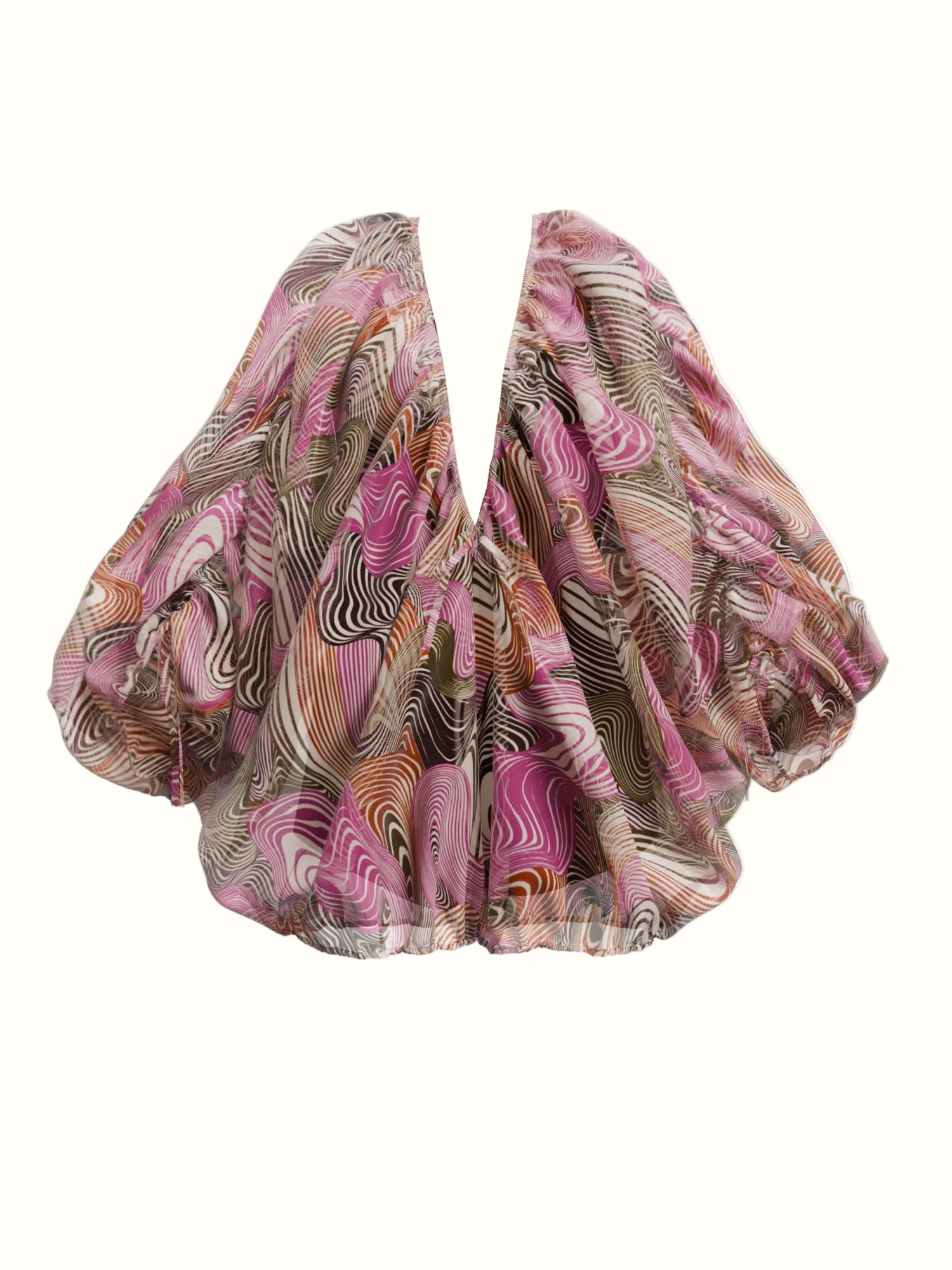 Baloon shaped romper with plunging neckline and wave pink pattern print